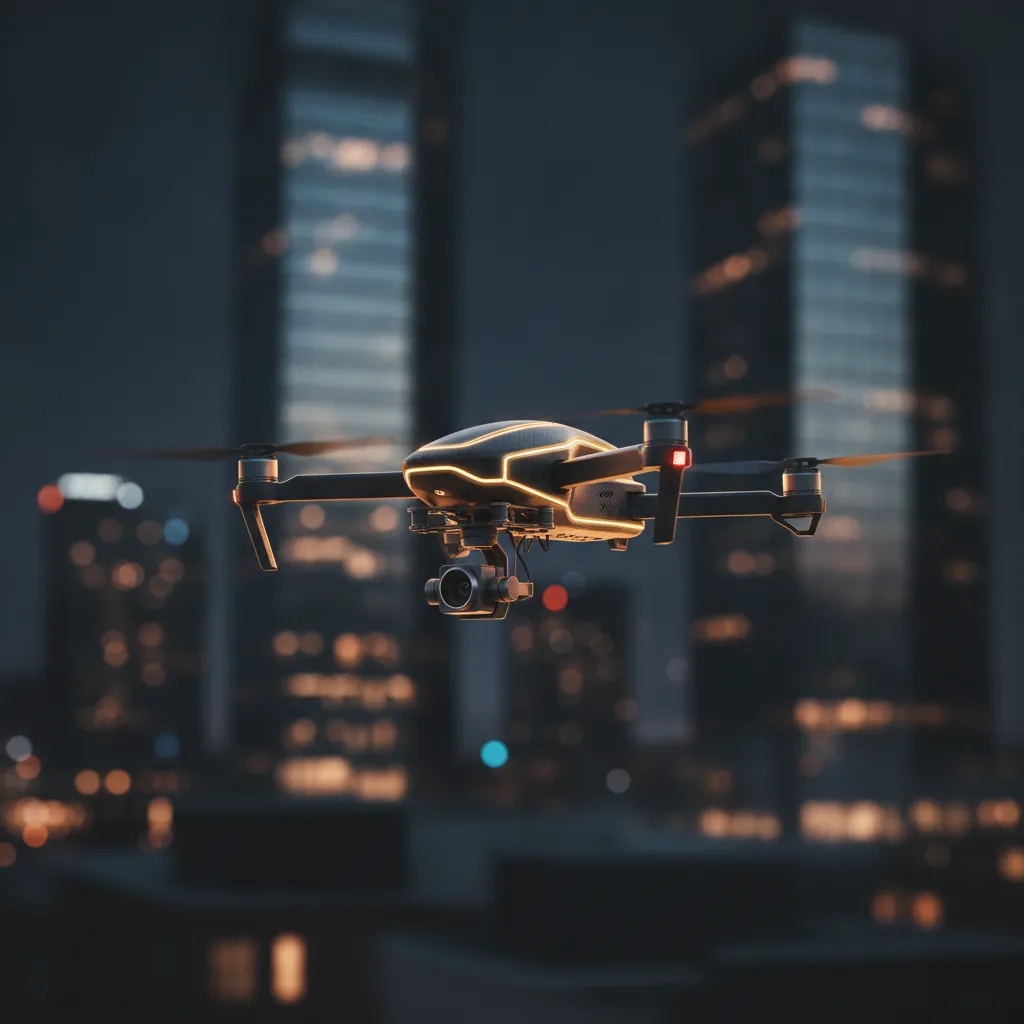 Dron profesional sobrevolando arquitectura moderna de noche
