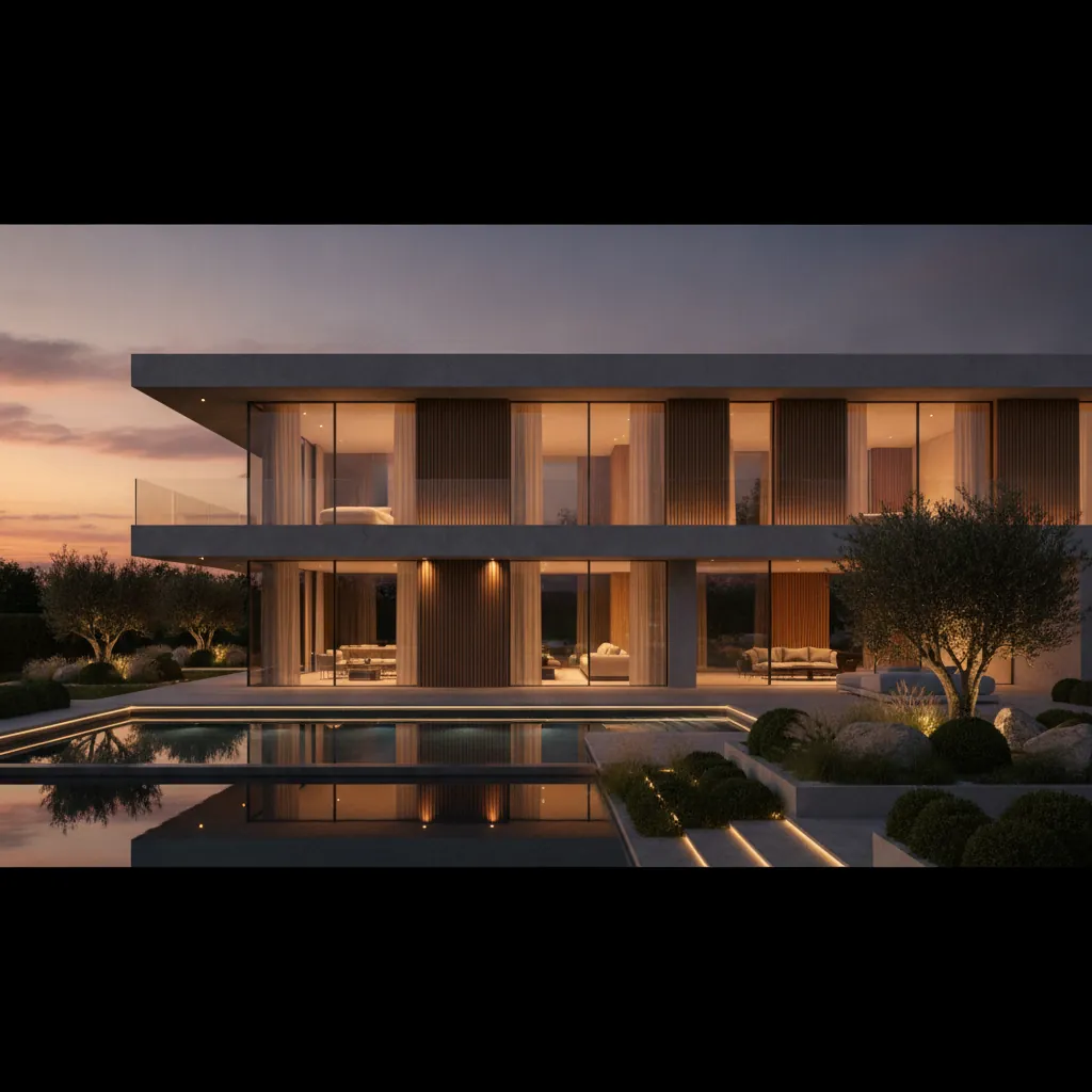Render foto-realista con IA de una villa de lujo al atardecer